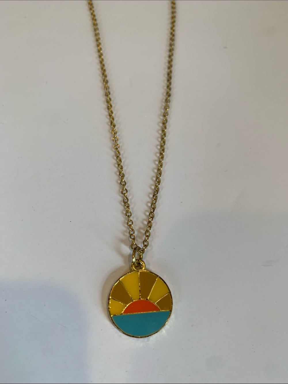 Retro Sunset Enamel Pendant Necklace Gold Tone Sol Horizon Celestial Beach Boho